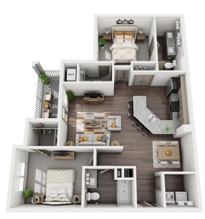 Contemporary 3D floor plan showcasing 2 bedrooms, elegant open-plan kitchen with breakfast bar, cozy living area, and private balcony.