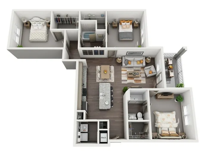 Modern and elegant 3D apartment floor plan featuring three bedrooms, a spacious open-concept living and dining area, a sleek kitchen with an island, and a private balcony for outdoor relaxation.