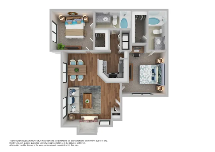 Contemporary floor plan showcasing a spacious 2-bedroom apartment with an open living area, modern kitchen, and two stylish bathrooms.