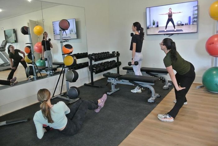 Inviting and modern fitness room featuring a mirrored wall, diverse exercise equipment, and a vibrant atmosphere with active individuals working out together.