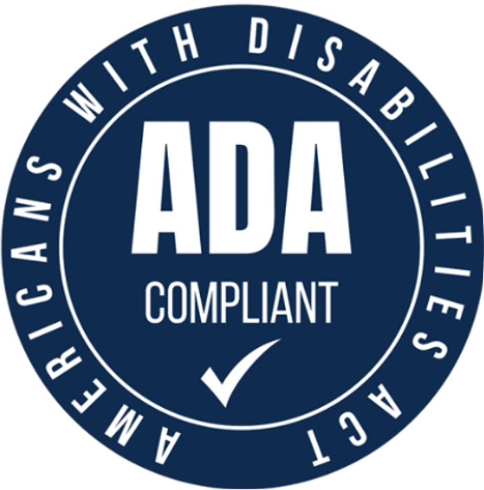 ADA Compliant badge in dark blue, symbolizing accessibility and adherence to the Americans with Disabilities Act standards.