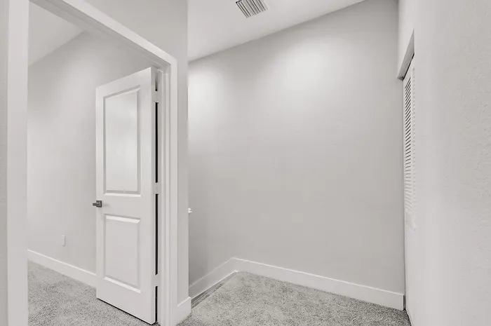 Bright and modern apartment hallway featuring plush carpet and crisp white door, exuding a fresh and welcoming vibe.