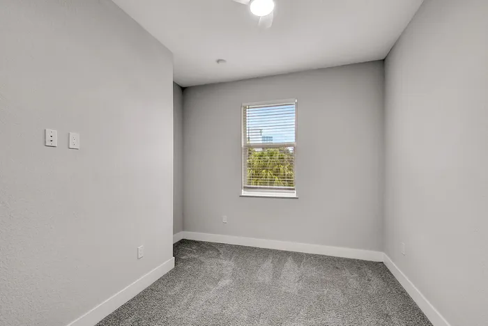 Bright and cozy room with plush carpeting and a sunlit window overlooking greenery, perfect for a home office or guest bedroom.