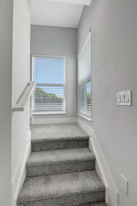 Bright staircase with modern carpeting and large windows letting in ample natural light.