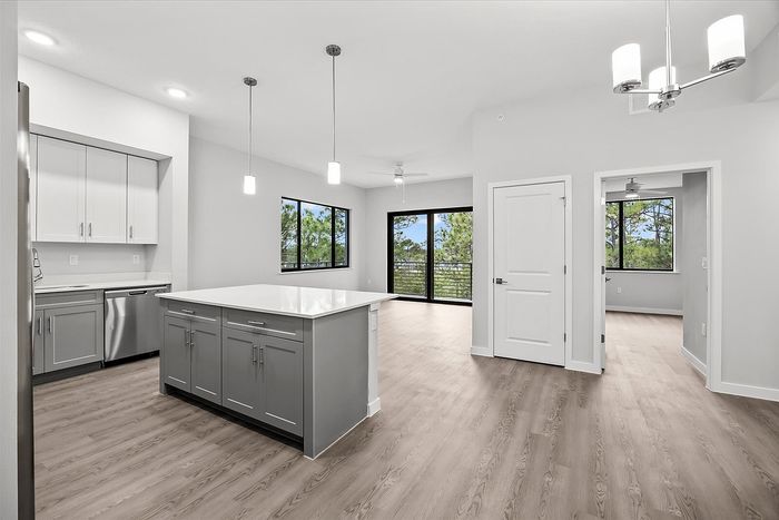 Modern open-concept kitchen and living area featuring sleek grey cabinetry, large windows with scenic views, and elegant lighting fixtures, offering a bright and inviting atmosphere in a spacious apartment.