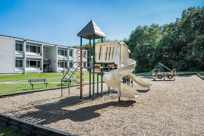Inviting playground with slides and climbing structures, set against a backdrop of modern apartments and lush greenery.