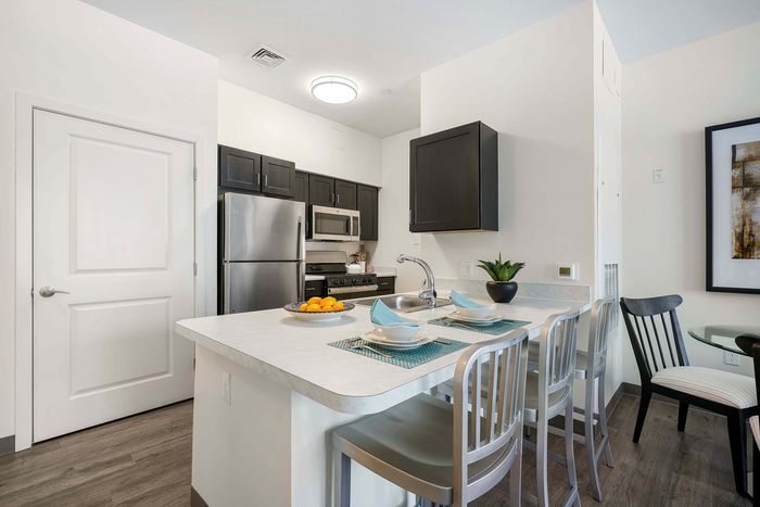 Modern kitchen with stainless steel appliances, sleek dark cabinets, and a bright breakfast bar setup with stylish seating.