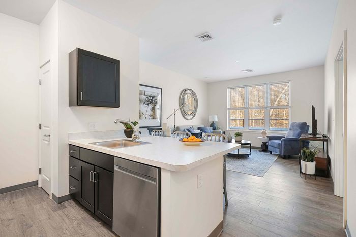 Modern open-concept living area with stylish kitchen island, cozy lounge space, and large sunlit windows.