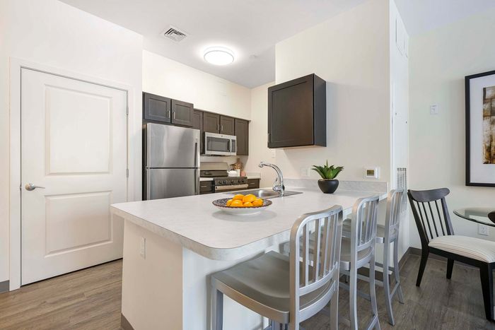 Modern kitchen with sleek stainless steel appliances, elegant countertops, and stylish seating area.