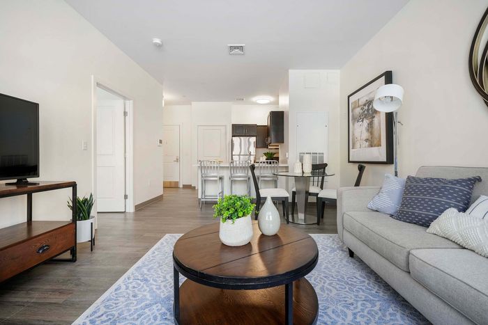 Elegant living room with cozy gray sofa, vibrant cushions, stylish coffee table, and open-concept kitchen with chic bar seating.