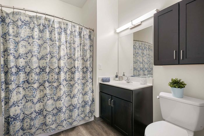 Elegant bathroom featuring stylish blue and white patterned shower curtain, modern vanity with sink, and chic dark cabinetry for a timeless look.