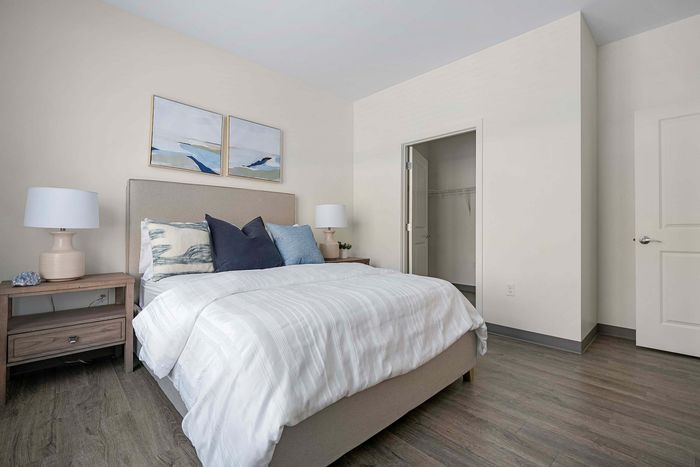 Inviting bedroom with a plush bed, soft pillows, stylish artwork, and a walk-in closet, offering a serene and modern living space.
