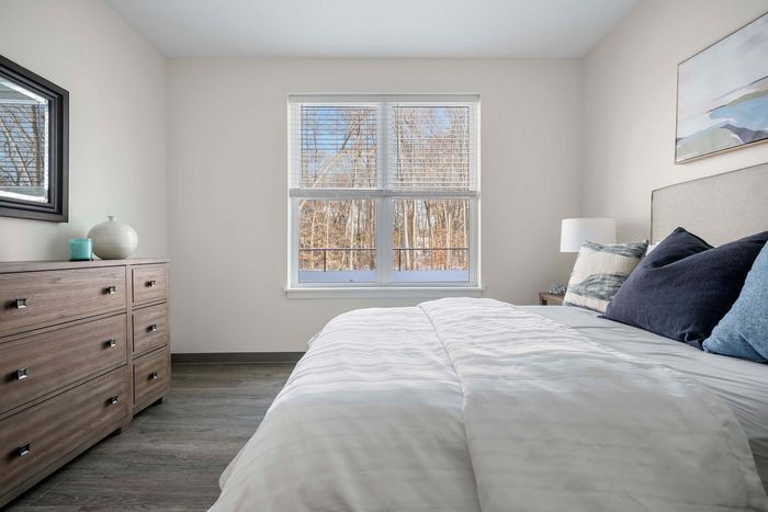 Bright and inviting bedroom with a cozy bed, stylish wooden dresser, and window view overlooking serene trees.