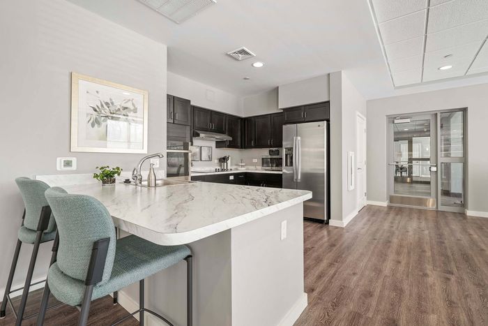 Modern kitchen with sleek dark cabinetry, stainless steel appliances, and elegant marble countertops. Open layout featuring cozy breakfast bar with plush seating, complemented by warm wooden flooring and stylish decor.