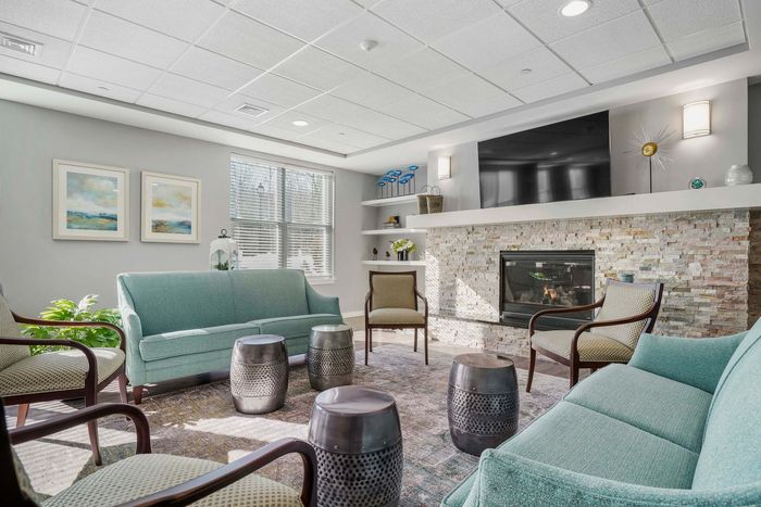 Bright, inviting living room with contemporary seating, stylish decor, and a cozy stone fireplace, perfect for relaxation.