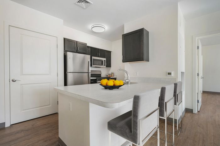 Modern kitchen with sleek stainless steel appliances, elegant dark cabinetry, and a stylish breakfast bar adorned with vibrant oranges.