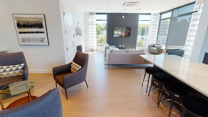 Bright modern living area with sleek furnishings, large windows, and an elegant kitchen counter with bar stools.
