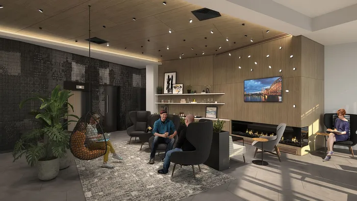 Modern apartment lobby with cozy seating, ambient lighting, and a stylish fireplace, perfect for relaxation and conversations.