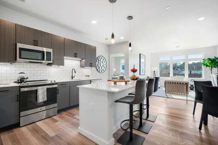 Modern open-plan kitchen and living area with sleek appliances, stylish bar seating, and floor-to-ceiling windows offering a scenic view.