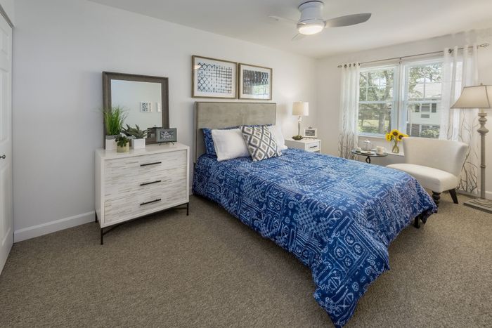 Inviting bedroom with vibrant blue bedding, stylish decor, and abundant natural light, offering a cozy and serene atmosphere.