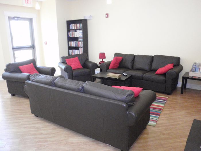 Inviting living room with modern leather sofas, vibrant red accents, and a cozy atmosphere, perfect for relaxation and entertainment.