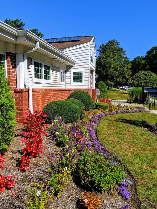 Charming suburban home with brick accents, solar panels, and a vibrant, colorful garden, showcasing lush greenery and blooming flowers under a clear blue sky.