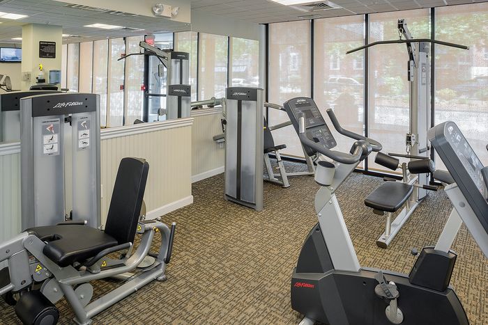 Modern fitness center with state-of-the-art exercise equipment and large windows, creating a bright and inviting workout space.