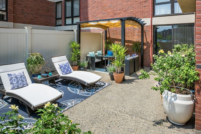 Chic urban patio featuring stylish loungers, lush greenery, and a cozy pergola setup perfect for relaxation and outdoor gatherings.
