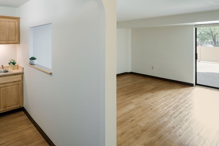 Bright open-concept living area with elegant wooden flooring and a compact kitchen, featuring large sliding doors for natural light.