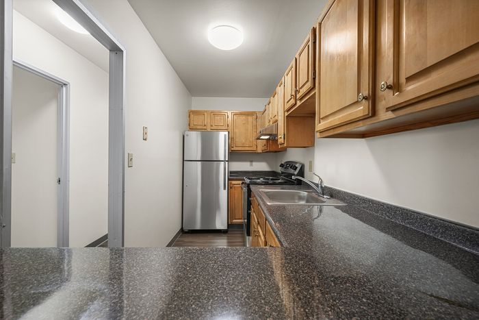 Modern kitchen with sleek granite countertops, stainless steel appliances, and warm wooden cabinets, perfect for culinary enthusiasts.