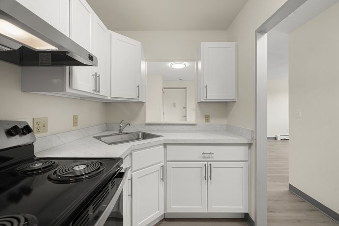 Modern kitchen with sleek white cabinets, elegant marble countertops, and a built-in stove, offering a sophisticated culinary space.