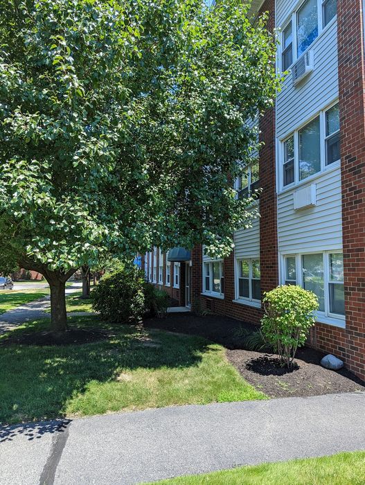Charming brick apartment building surrounded by lush greenery, offering tranquility and natural beauty.