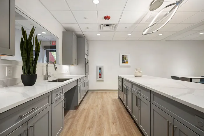Modern kitchen with sleek gray cabinets, elegant marble countertops, and stylish lighting, offering a spacious and inviting atmosphere.
