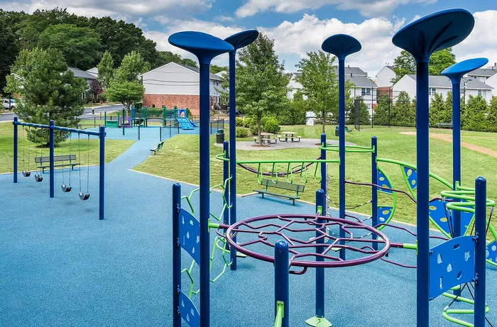 Inviting playground with modern blue and green equipment, set in a lush community park under a bright sky.