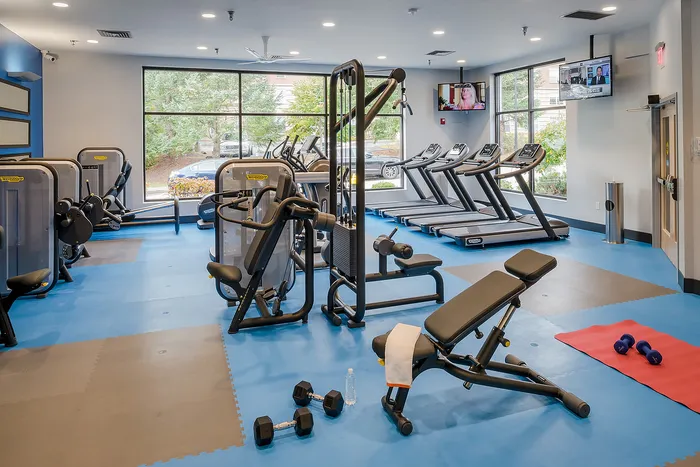 Modern fitness center with state-of-the-art equipment, bright natural lighting, and a vibrant blue floor.
