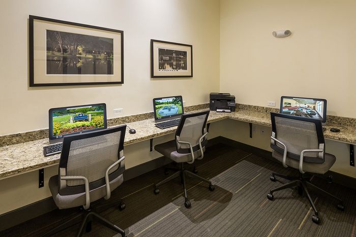 Inviting workspace with three modern computer stations, comfortable chairs, and elegant decor, perfect for productivity and focus.