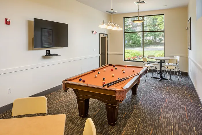 Bright game room with a stylish pool table, cozy seating, and natural light from large window, perfect for entertaining.