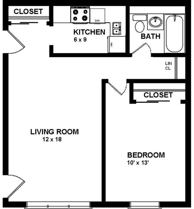Chic floor plan featuring a spacious living room, cozy bedroom, functional kitchen, and modern bath, complete with ample closet space.