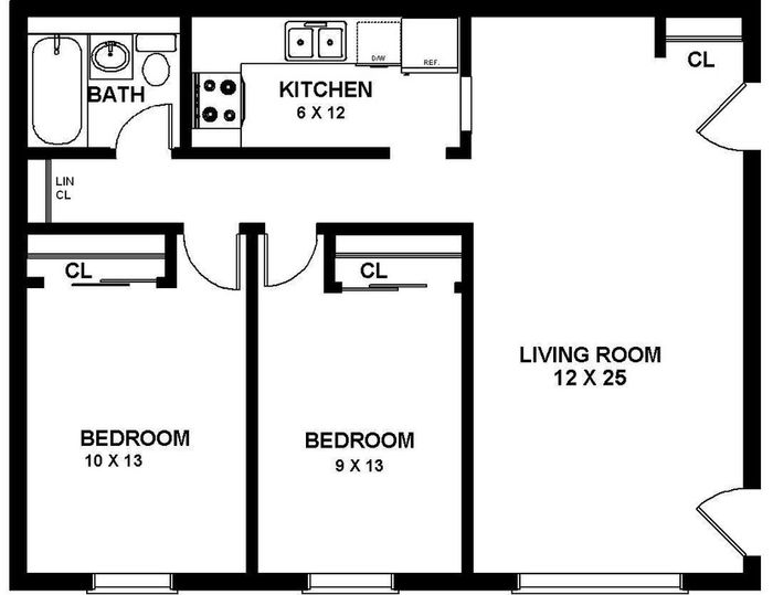Modern floor plan with 2 spacious bedrooms, large living room, functional kitchen, and elegant bath.
