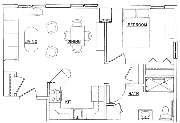 Inviting floor plan featuring a cozy one-bedroom layout, open living and dining area, compact kitchen, and well-appointed bath.