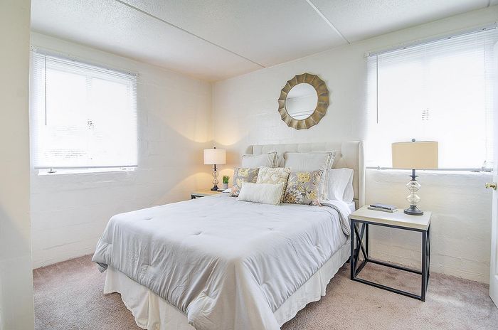 Bright and inviting bedroom with modern decor, plush bedding, and ample natural light.