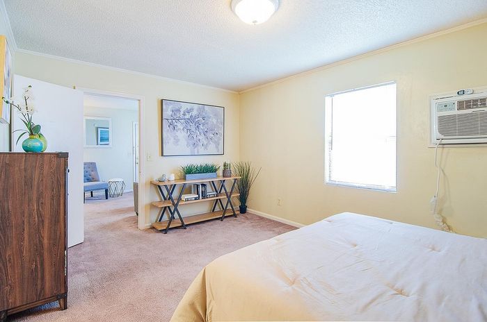 Bright bedroom with elegant decor, soft carpeting, and natural light streaming through a large window. Features modern furniture and a stylish wall painting.
