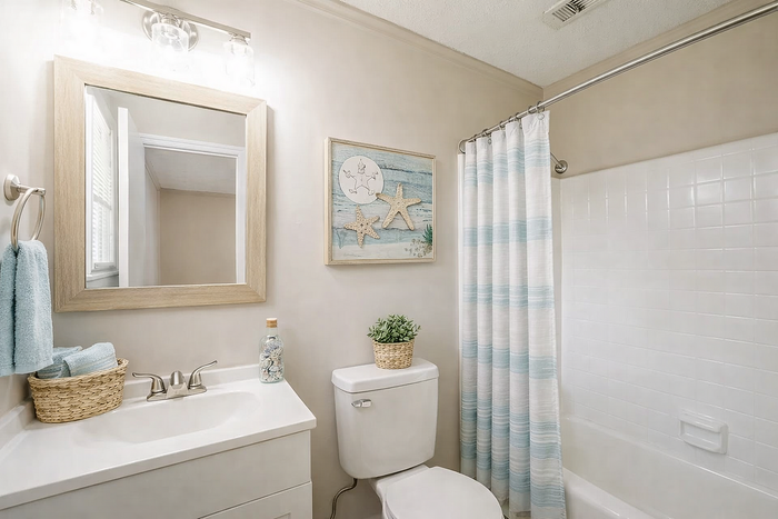 Charming bathroom oasis featuring elegant fixtures, a serene white and blue color scheme, and nautical decor.