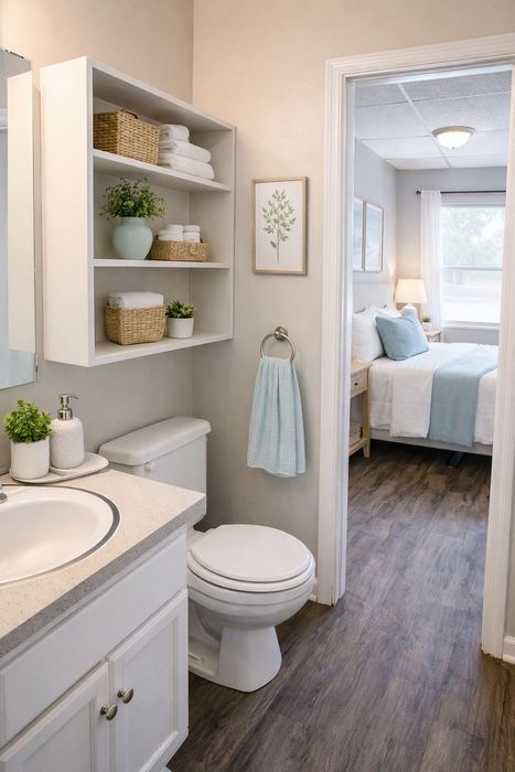 Charming bathroom with modern fixtures and a view into a cozy, softly-lit bedroom with elegant decor.