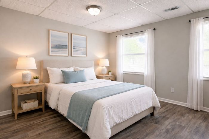 Inviting bedroom with plush bed, soft lighting, serene artwork, and elegant wood flooring.