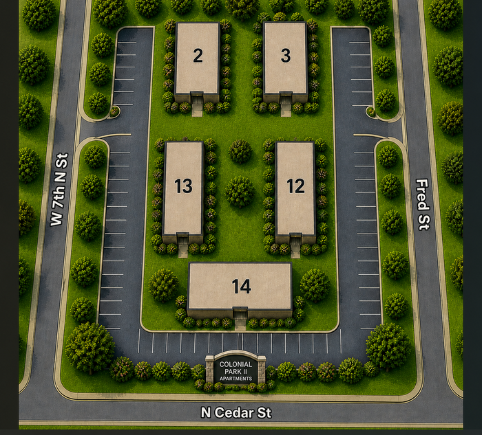 Attractive aerial view of Colonial Park II Apartments layout, showcasing neatly arranged buildings labeled 2, 3, 12, 13, and 14, surrounded by lush greenery and accessible parking on W 7th N St and Fred St.