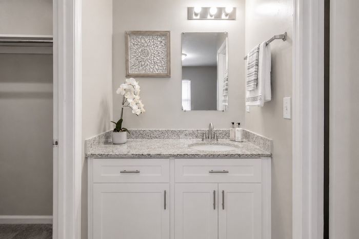 Elegant bathroom showcasing a sleek granite countertop, pristine white cabinetry, and a beautiful orchid accent.
