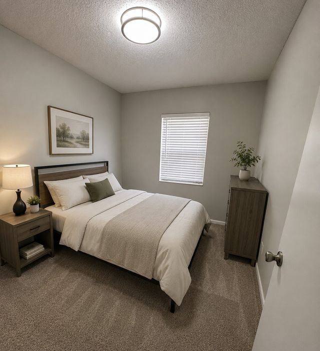 Cozy bedroom with elegant decor, featuring a comfortable bed, modern nightstand, and warm lighting, perfect for relaxation.