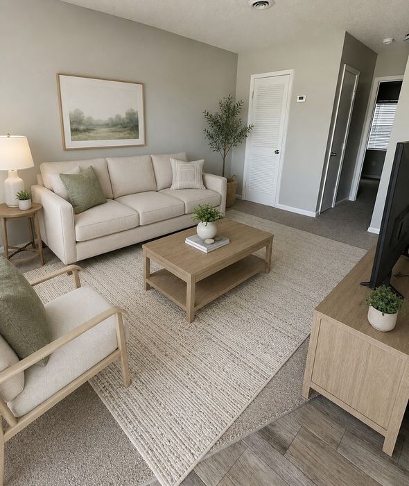 Inviting living room with modern beige sofa, cozy armchair, and elegant decor accented by a plush rug and natural light.
