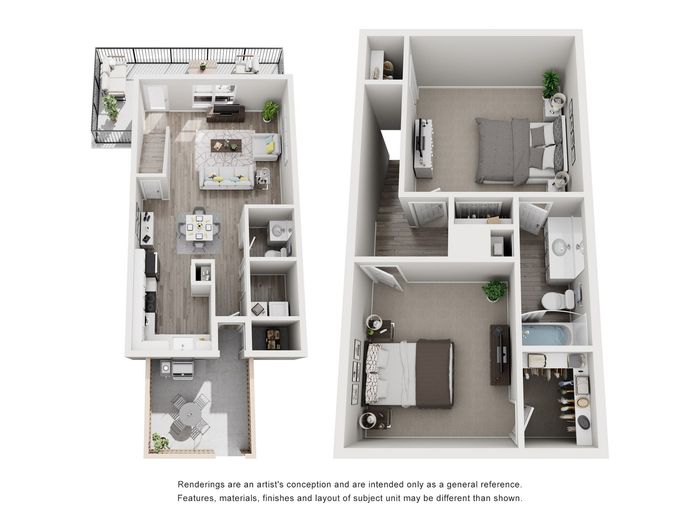 Modern 2D apartment floor plan highlighting 2 spacious bedrooms, an elegant open-plan living area, and a stylish kitchen, complete with private balcony space.